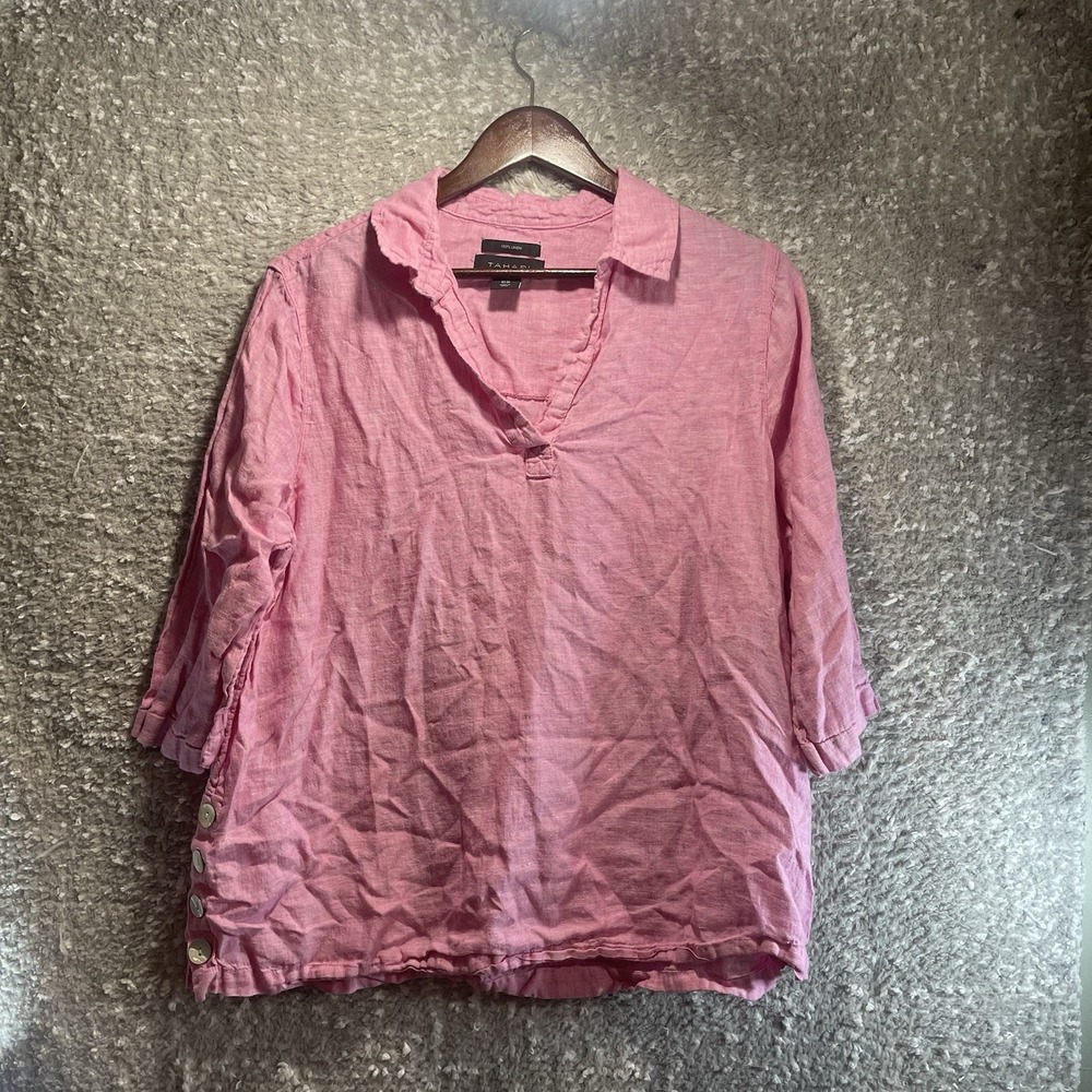 Tahari Pink 100% Linen V-Neck Tunic Top 3/4 Sleeve Side Button Detail 1X Coastal